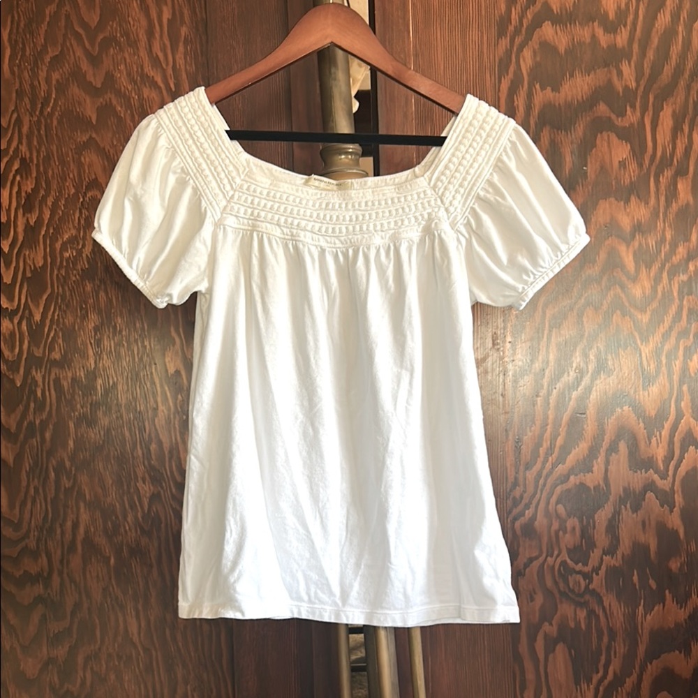Banana Republic Cotton Blend White Puff-Sleeve Blouse Embroidered Detail